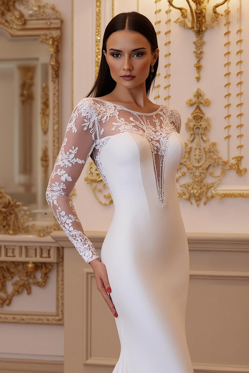 Laden Sie das Bild in den Galerie-Viewer, Meerjungfrau Weißes Illusion Ausschnitt Langärmliges Court Train Brautkleid mit Spitze