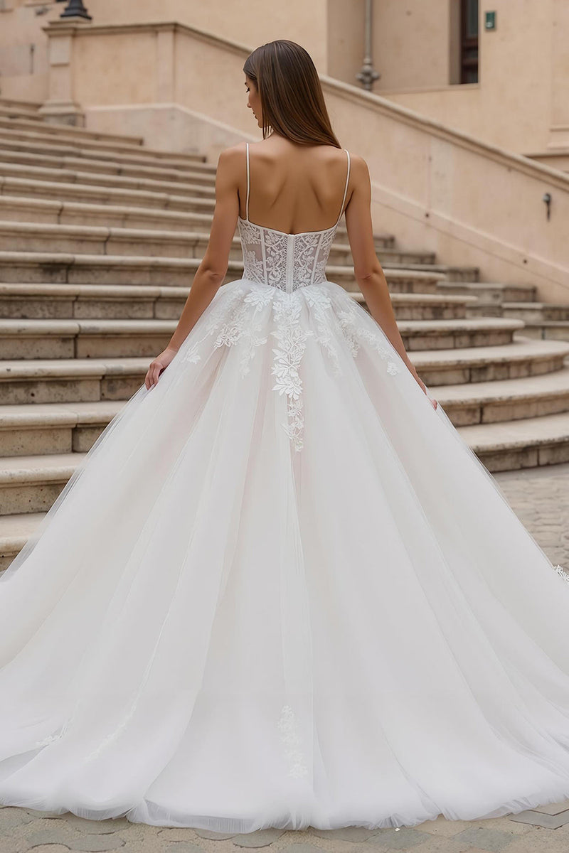 Laden Sie das Bild in den Galerie-Viewer, Elfenbein A-Linie Tüll Korsett Appliziertes Brautkleid