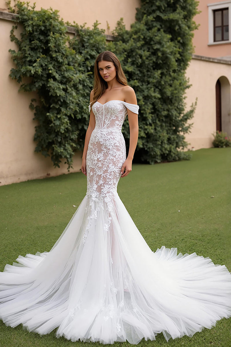 Laden Sie das Bild in den Galerie-Viewer, Elfenbein Spitze Tüll Schulterfreies Korsett Meerjungfrauen Brautkleid