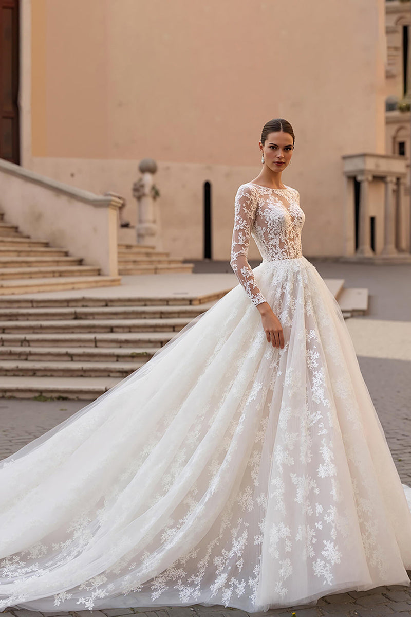 Laden Sie das Bild in den Galerie-Viewer, Spitze Bateau Ausschnitt A Linie Elfenbein Brautkleid mit langen Ärmeln