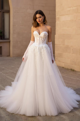 Elfenbein Trägerloses A-Linie Korsett Tüll Langes Brautkleid