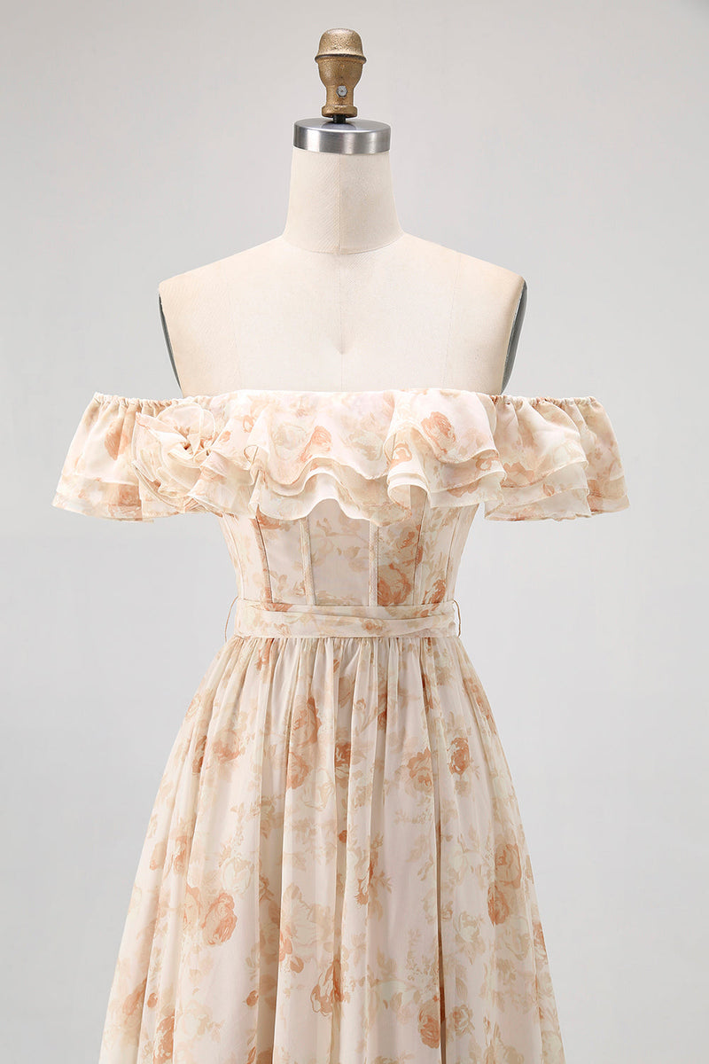 Laden Sie das Bild in den Galerie-Viewer, Champagner Blumen Schulterfreies Korsett A-Linie Brautjungfernkleid mit Schlitz