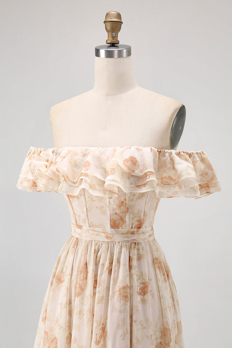 Laden Sie das Bild in den Galerie-Viewer, Champagner Blumen Schulterfreies Korsett A-Linie Brautjungfernkleid mit Schlitz