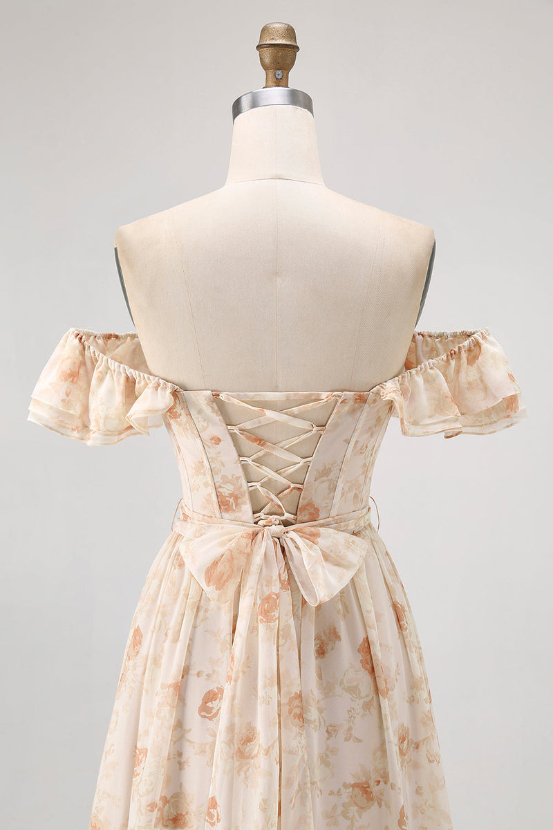 Laden Sie das Bild in den Galerie-Viewer, Champagner Blumen Schulterfreies Korsett A-Linie Brautjungfernkleid mit Schlitz