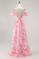 Laden Sie das Bild in den Galerie-Viewer, Champagner Blumen Schulterfreies Korsett A-Linie Brautjungfernkleid mit Schlitz