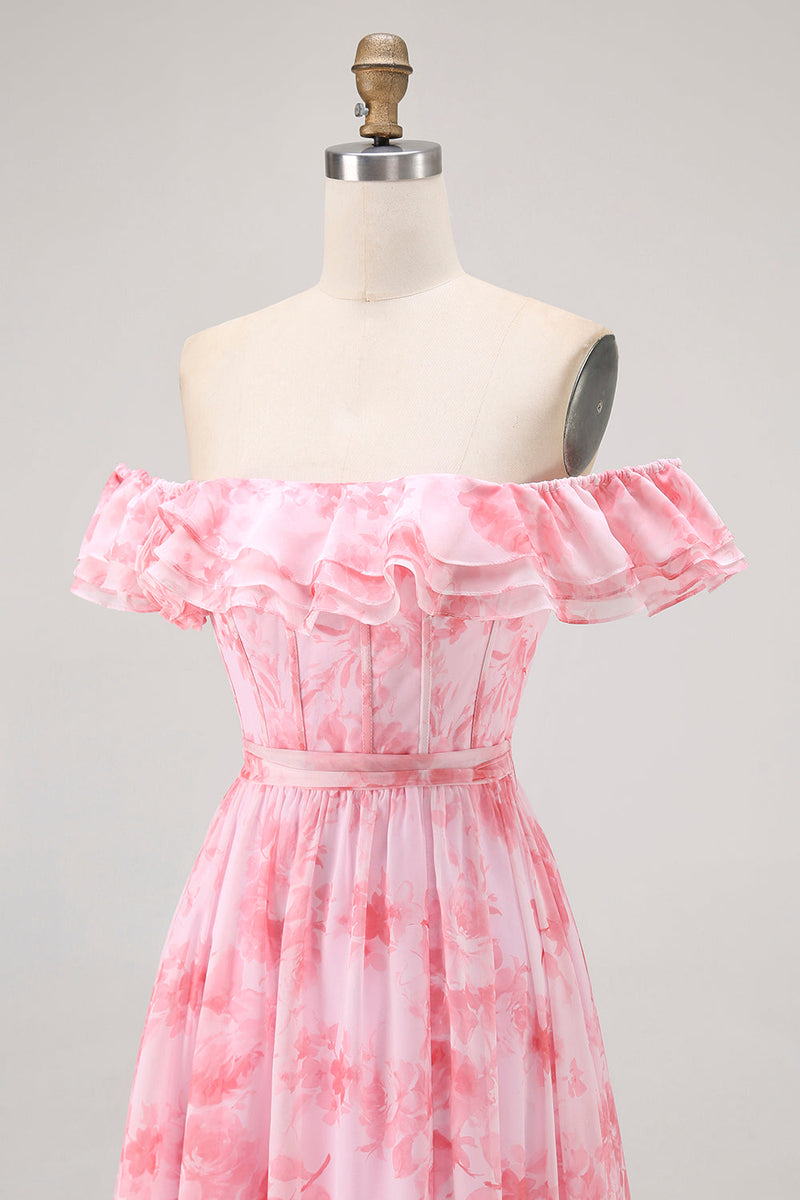 Laden Sie das Bild in den Galerie-Viewer, Champagner Blumen Schulterfreies Korsett A-Linie Brautjungfernkleid mit Schlitz