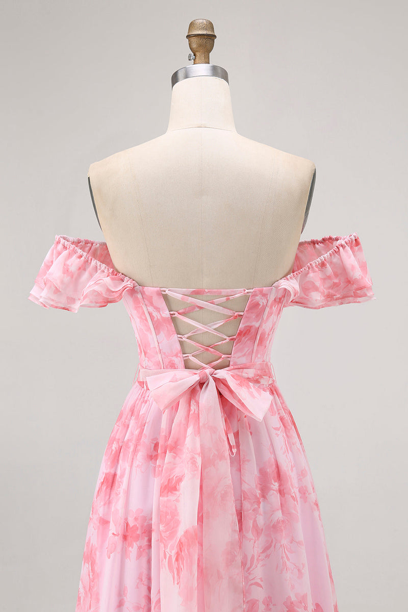 Laden Sie das Bild in den Galerie-Viewer, Champagner Blumen Schulterfreies Korsett A-Linie Brautjungfernkleid mit Schlitz