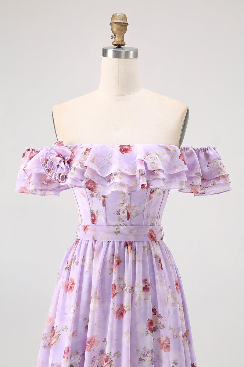 Laden Sie das Bild in den Galerie-Viewer, Champagner Blumen Schulterfreies Korsett A-Linie Brautjungfernkleid mit Schlitz