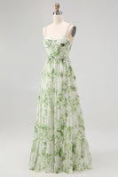 Laden Sie das Bild in den Galerie-Viewer, Grünes Blumen A-Linie Perlen Brautjungfernkleid mit Schnürung