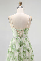 Laden Sie das Bild in den Galerie-Viewer, Grünes Blumen A-Linie Perlen Brautjungfernkleid mit Schnürung