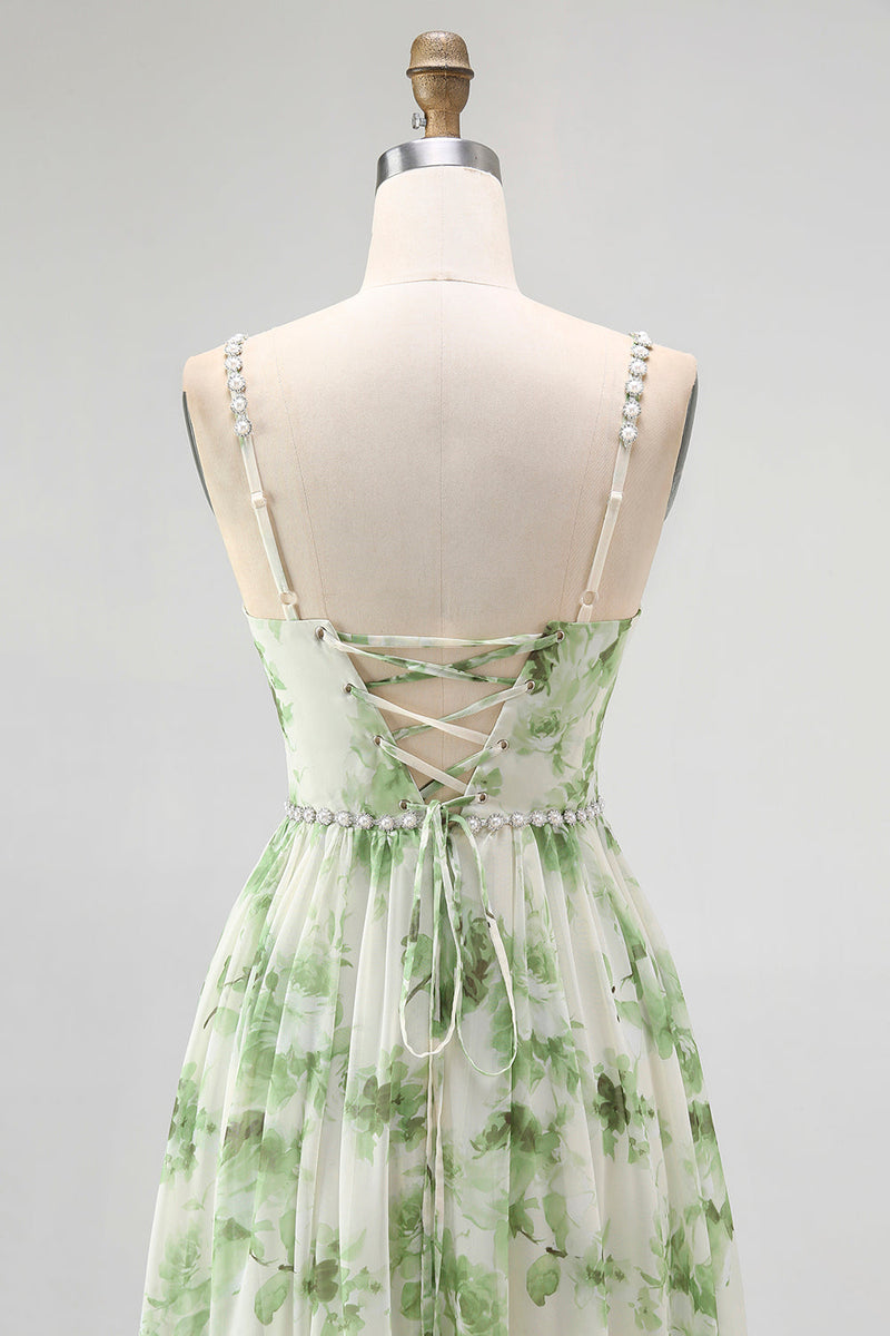 Laden Sie das Bild in den Galerie-Viewer, Grünes Blumen A-Linie Perlen Brautjungfernkleid mit Schnürung