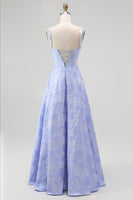 Laden Sie das Bild in den Galerie-Viewer, Blaues A-Linie Blumen Brautjungfernkleid mit Wasserfallausschnitt und Schlitz