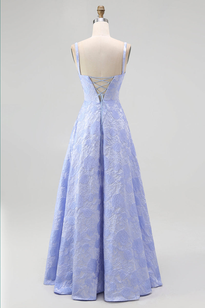 Laden Sie das Bild in den Galerie-Viewer, Blaues A-Linie Blumen Brautjungfernkleid mit Wasserfallausschnitt und Schlitz