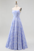 Laden Sie das Bild in den Galerie-Viewer, Blaues A-Linie Blumen Brautjungfernkleid mit Wasserfallausschnitt und Schlitz