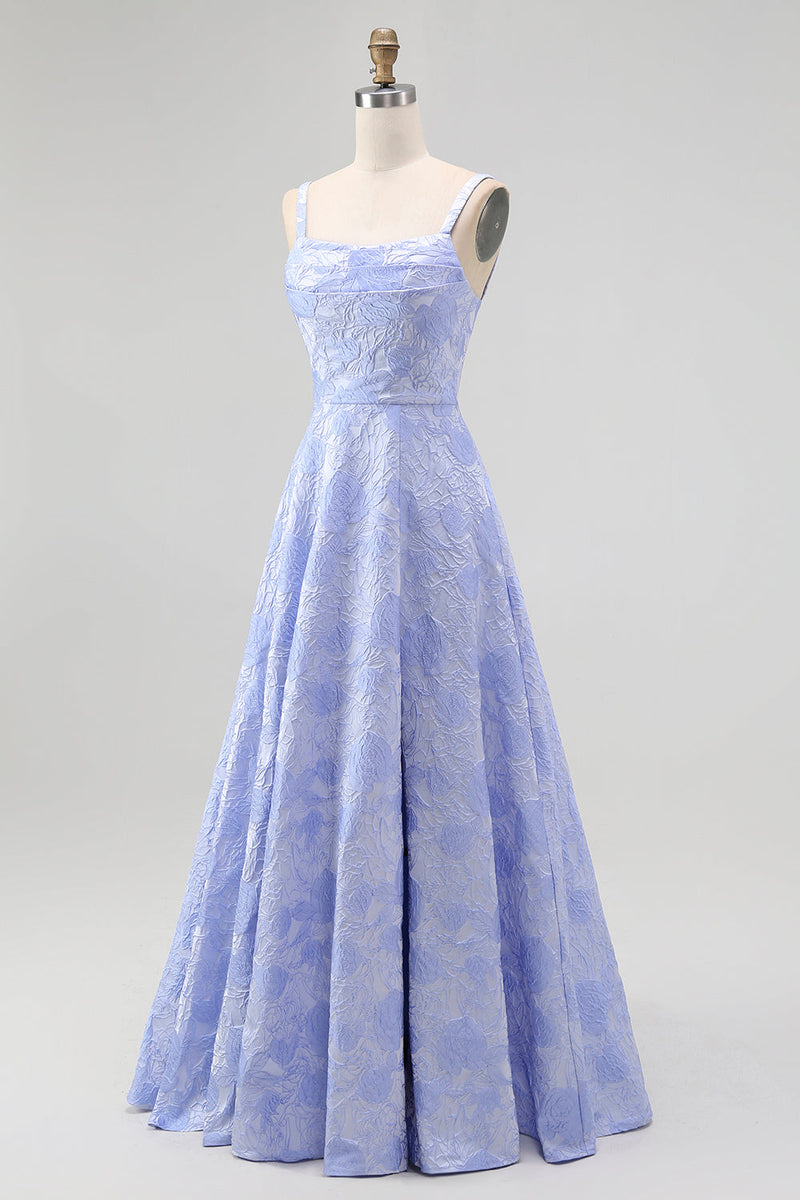 Laden Sie das Bild in den Galerie-Viewer, Blaues A-Linie Blumen Brautjungfernkleid mit Wasserfallausschnitt und Schlitz