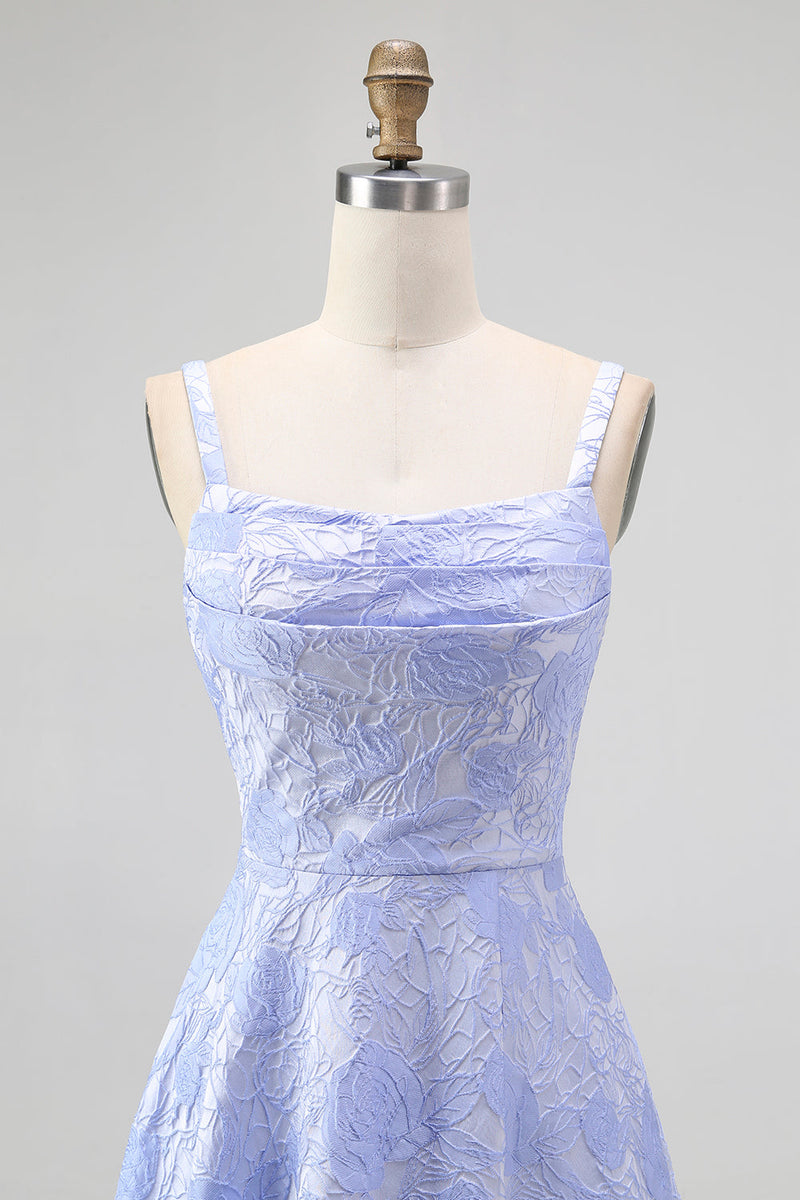 Laden Sie das Bild in den Galerie-Viewer, Blaues A-Linie Blumen Brautjungfernkleid mit Wasserfallausschnitt und Schlitz