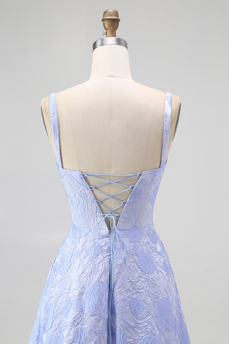 Laden Sie das Bild in den Galerie-Viewer, Blaues A-Linie Blumen Brautjungfernkleid mit Wasserfallausschnitt und Schlitz