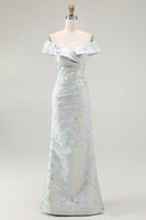 Laden Sie das Bild in den Galerie-Viewer, Schulterfreies Blaues Jacquard Meerjungfrauen Ballkleid mit Blumenmuster und Rüschen