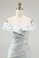 Laden Sie das Bild in den Galerie-Viewer, Schulterfreies Blaues Jacquard Meerjungfrauen Ballkleid mit Blumenmuster und Rüschen