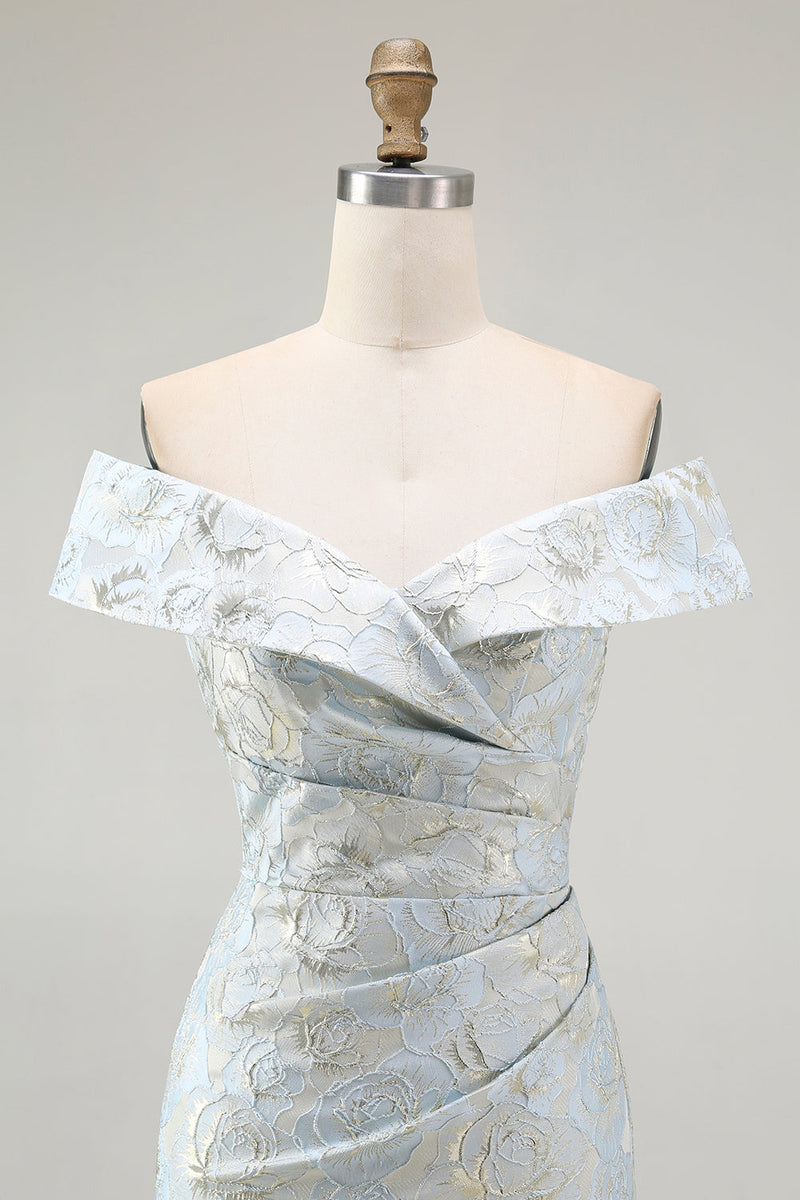 Laden Sie das Bild in den Galerie-Viewer, Schulterfreies Blaues Jacquard Meerjungfrauen Ballkleid mit Blumenmuster und Rüschen