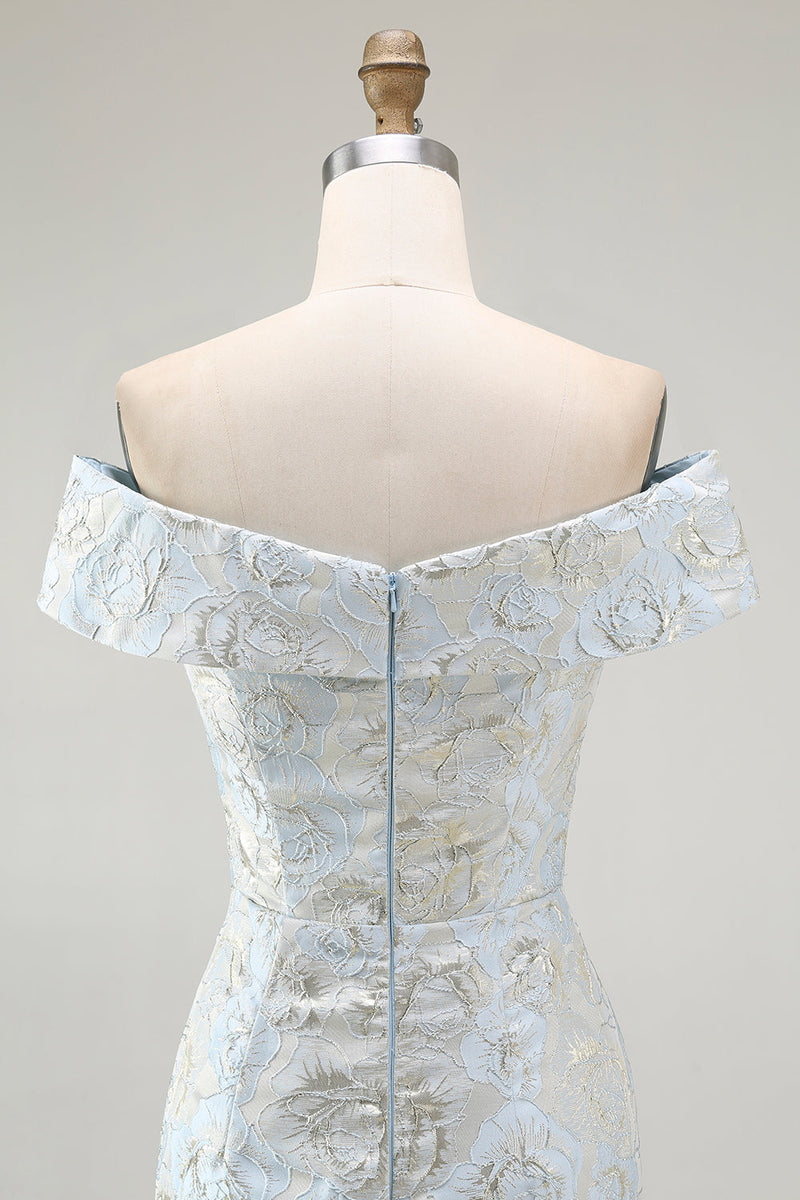 Laden Sie das Bild in den Galerie-Viewer, Schulterfreies Blaues Jacquard Meerjungfrauen Ballkleid mit Blumenmuster und Rüschen