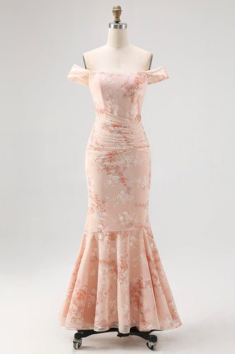 Champagner Schulterfreies Meerjungfrauen Kleid für Hochzeitsgäste mit Druck und Rüschen