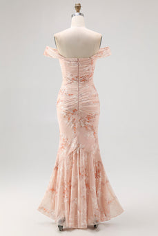 Champagner Schulterfreies Meerjungfrauen Kleid für Hochzeitsgäste mit Druck und Rüschen