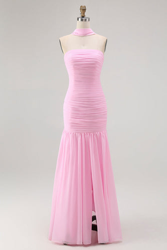 Blush Trägerloses Gerafftes Langes Brautjungfernkleid mit Schlitz