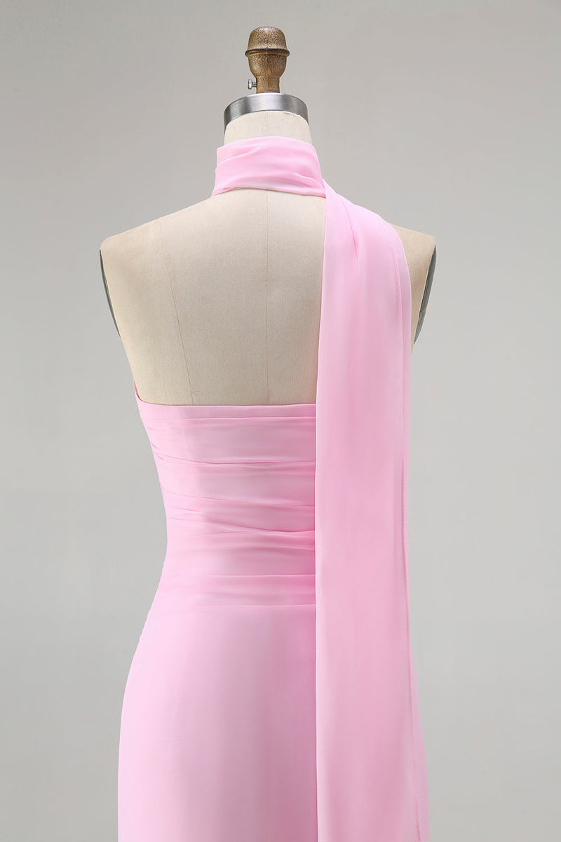 Laden Sie das Bild in den Galerie-Viewer, Etui Eine Schulter Blush Langes Brautjungfernkleid mit Luftschlange