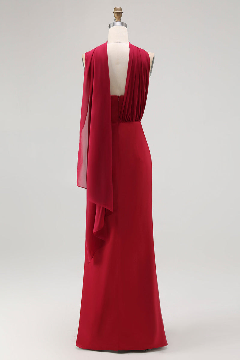 Laden Sie das Bild in den Galerie-Viewer, Burgunder Langes Brautjungfernkleid mit einer Schulter und Luftschlange