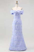 Laden Sie das Bild in den Galerie-Viewer, Blumiges Blaues Meerjungfrauen Schulterfreies Abendkleid