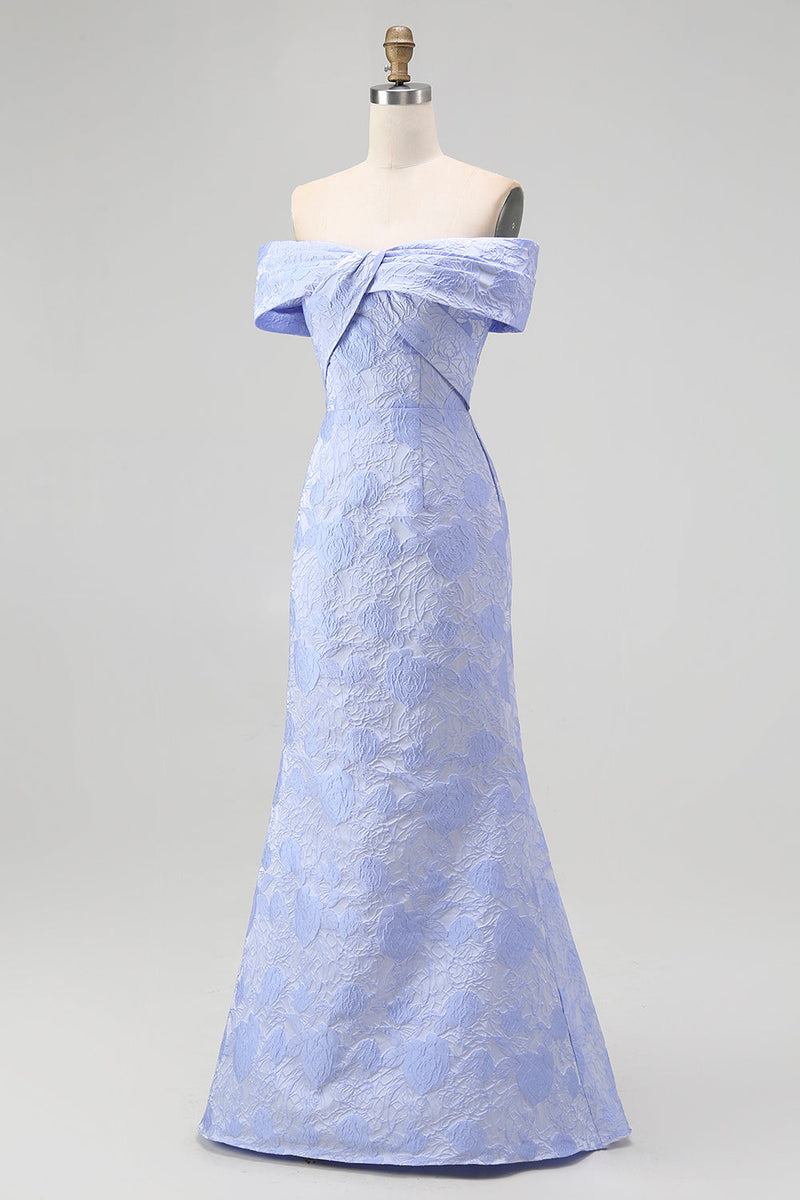 Laden Sie das Bild in den Galerie-Viewer, Blumiges Blaues Meerjungfrauen Schulterfreies Abendkleid