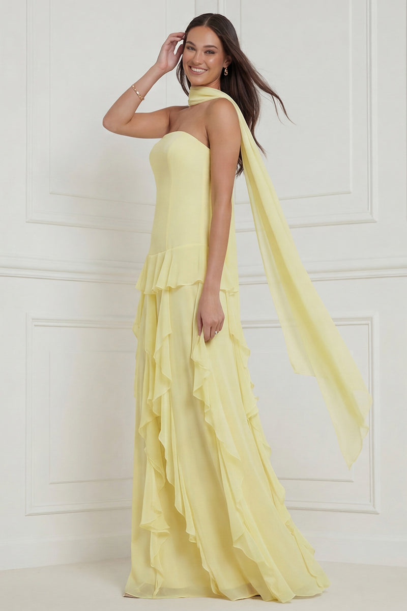 Laden Sie das Bild in den Galerie-Viewer, Gelbes Trägerloses Langes Brautjungfernkleid mit Rüschen und Luftschlange