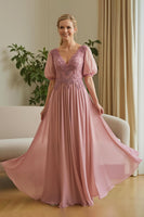 Laden Sie das Bild in den Galerie-Viewer, Dusty Rose Chiffon Appliziertes A-Linie Kleid für die Brautmutter mit Puffärmeln