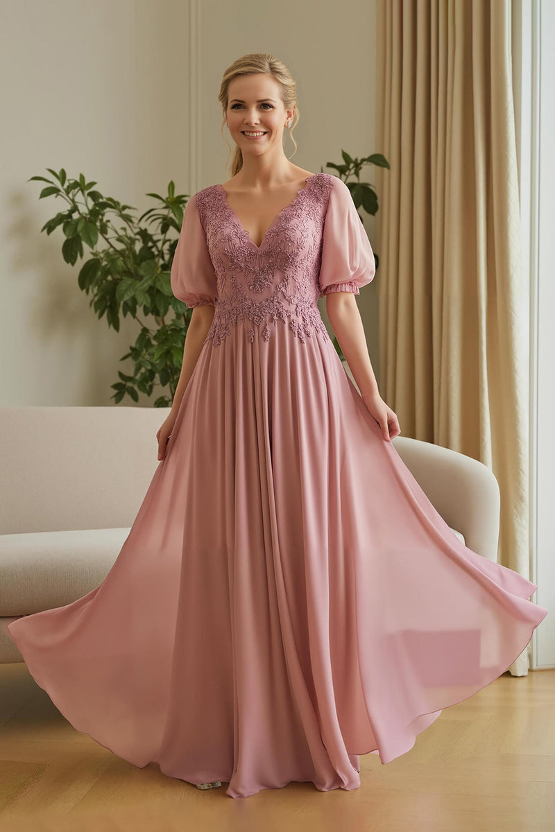 Laden Sie das Bild in den Galerie-Viewer, Dusty Rose Chiffon Appliziertes A-Linie Kleid für die Brautmutter mit Puffärmeln