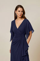 Laden Sie das Bild in den Galerie-Viewer, Dunkelgrünes Gerafftes Brautmutterkleid mit Flatterärmeln