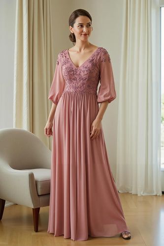 Dusty Rose Chiffon Kleid für die Brautmutter mit Applikationen