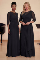 Laden Sie das Bild in den Galerie-Viewer, Dunkelgrünes Langes A-Linie Chorkleid mit Raffung und 3/4-Ärmeln