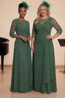 Laden Sie das Bild in den Galerie-Viewer, Dunkelgrünes Langes A-Linie Chorkleid mit Raffung und 3/4-Ärmeln