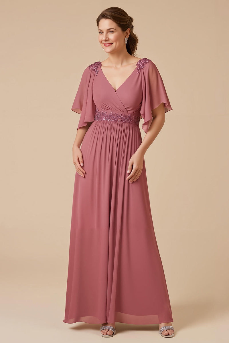 Laden Sie das Bild in den Galerie-Viewer, Desert Rose Chiffon A-Linie appliziertes Kleid für die Brautmutter mit Ärmeln