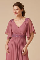 Laden Sie das Bild in den Galerie-Viewer, Desert Rose Chiffon A-Linie appliziertes Kleid für die Brautmutter mit Ärmeln