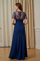 Laden Sie das Bild in den Galerie-Viewer, Marineblaues A-Linie Langes Chor Kleid mit Kurzärmeln