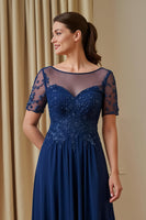 Laden Sie das Bild in den Galerie-Viewer, Marineblaues A-Linie Langes Chor Kleid mit Kurzärmeln