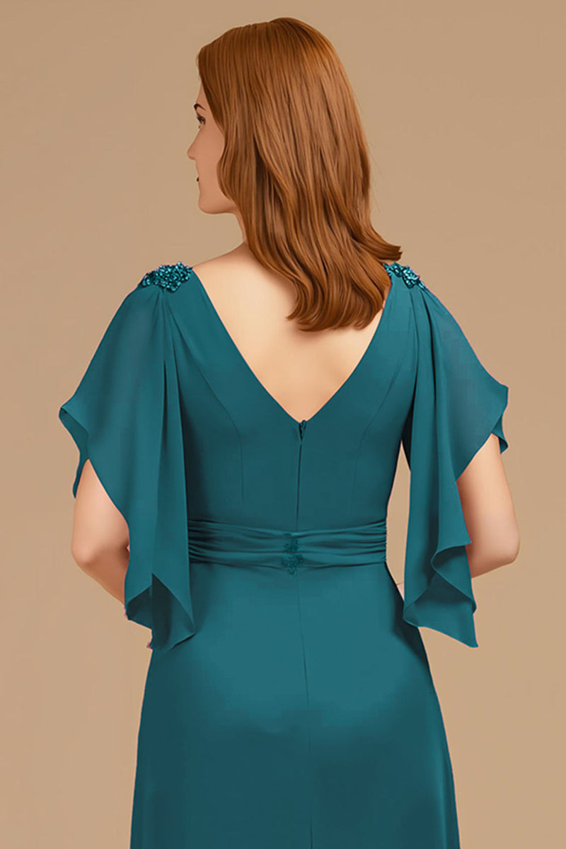 Laden Sie das Bild in den Galerie-Viewer, A-Linie Trauben V-Ausschnitt Gerafftes Flatterärmeln Langes Kleid für die Brautmutter