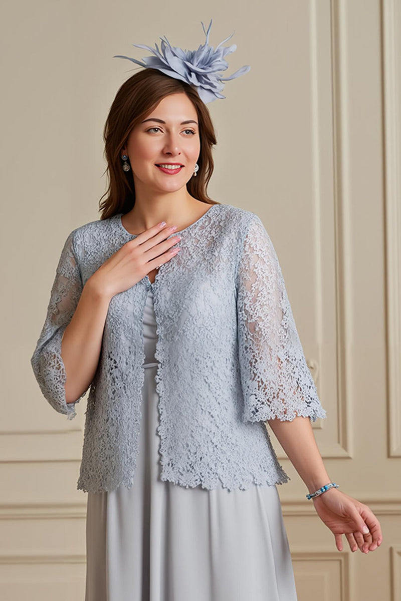 Laden Sie das Bild in den Galerie-Viewer, Silberner A-Linie Mantel Gestuftes Chiffon Spitze 2-teiliges Kleid für die Brautmutter