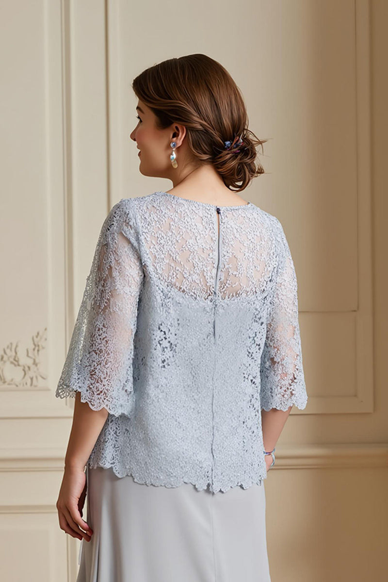 Laden Sie das Bild in den Galerie-Viewer, Silberner A-Linie Mantel Gestuftes Chiffon Spitze 2-teiliges Kleid für die Brautmutter