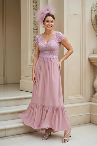Dusty Rose A-Linie Langes Brautmutterkleid mit V-Ausschnitt und Spitze