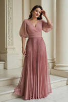 Laden Sie das Bild in den Galerie-Viewer, Dusty Rose A-Linie Chiffon V-Ausschnitt Langes Brautmutterkleid mit Rüschen