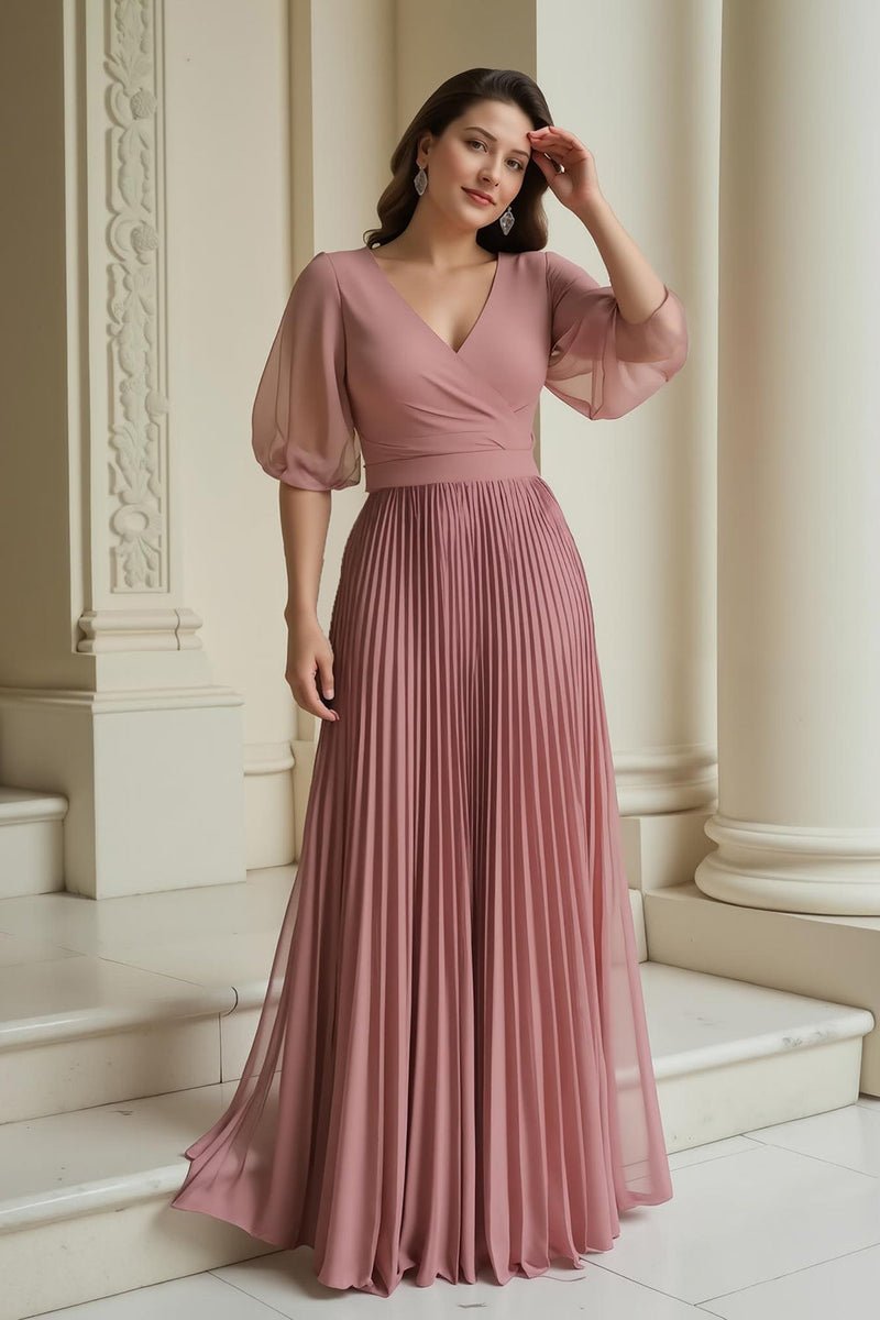 Laden Sie das Bild in den Galerie-Viewer, Dusty Rose A-Linie Chiffon V-Ausschnitt Langes Brautmutterkleid mit Rüschen