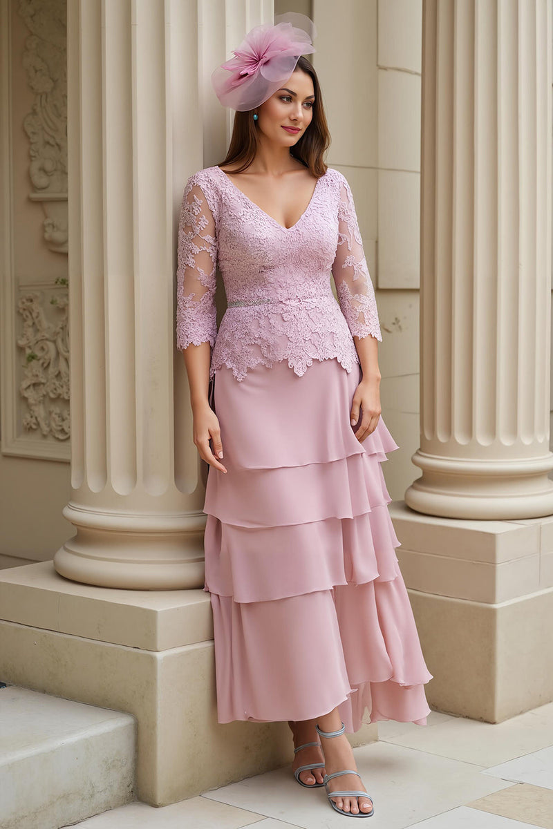 Laden Sie das Bild in den Galerie-Viewer, Blush A-Linie Chiffon Gestuftes Brautmutterkleid in A-Linie mit Spitzenapplikationen